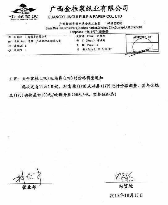 铜版纸调价